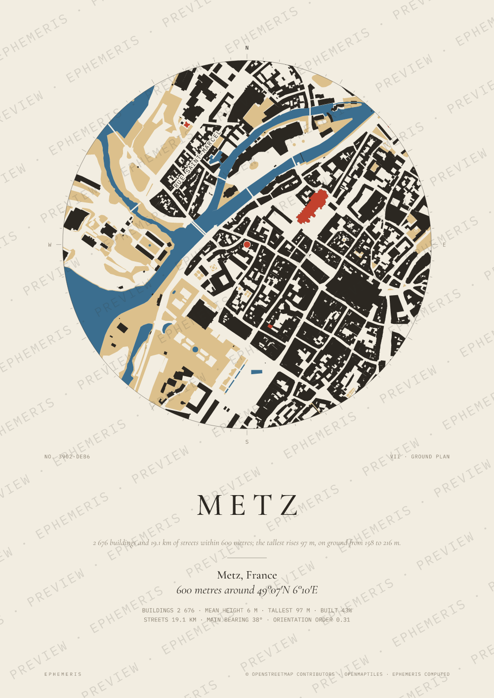 Metz map poster: the city drawn as a plan