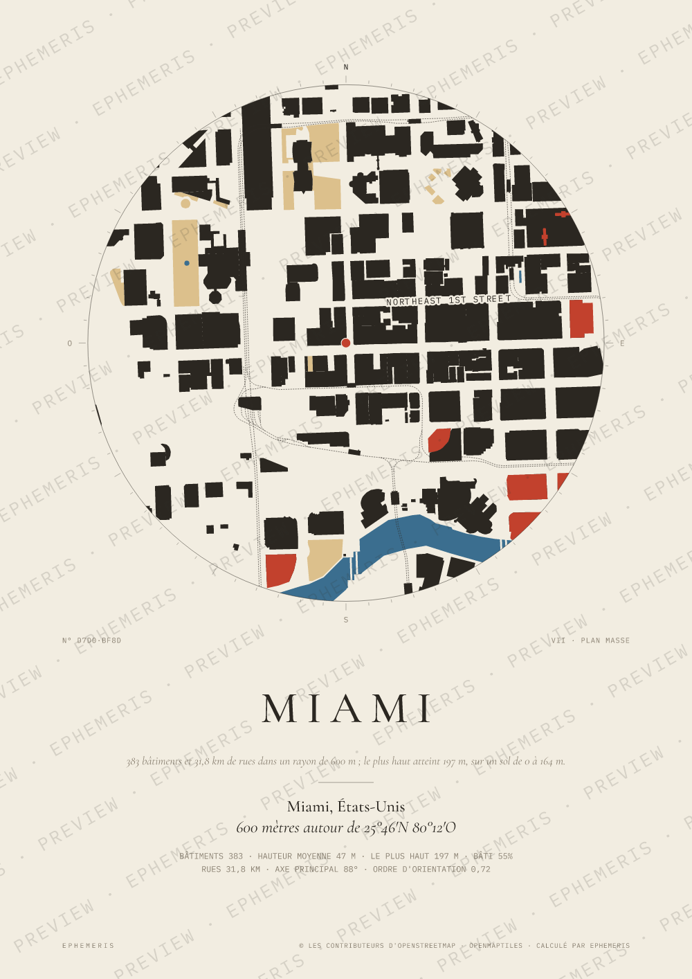Affiche carte de Miami : la ville dessinée en plan