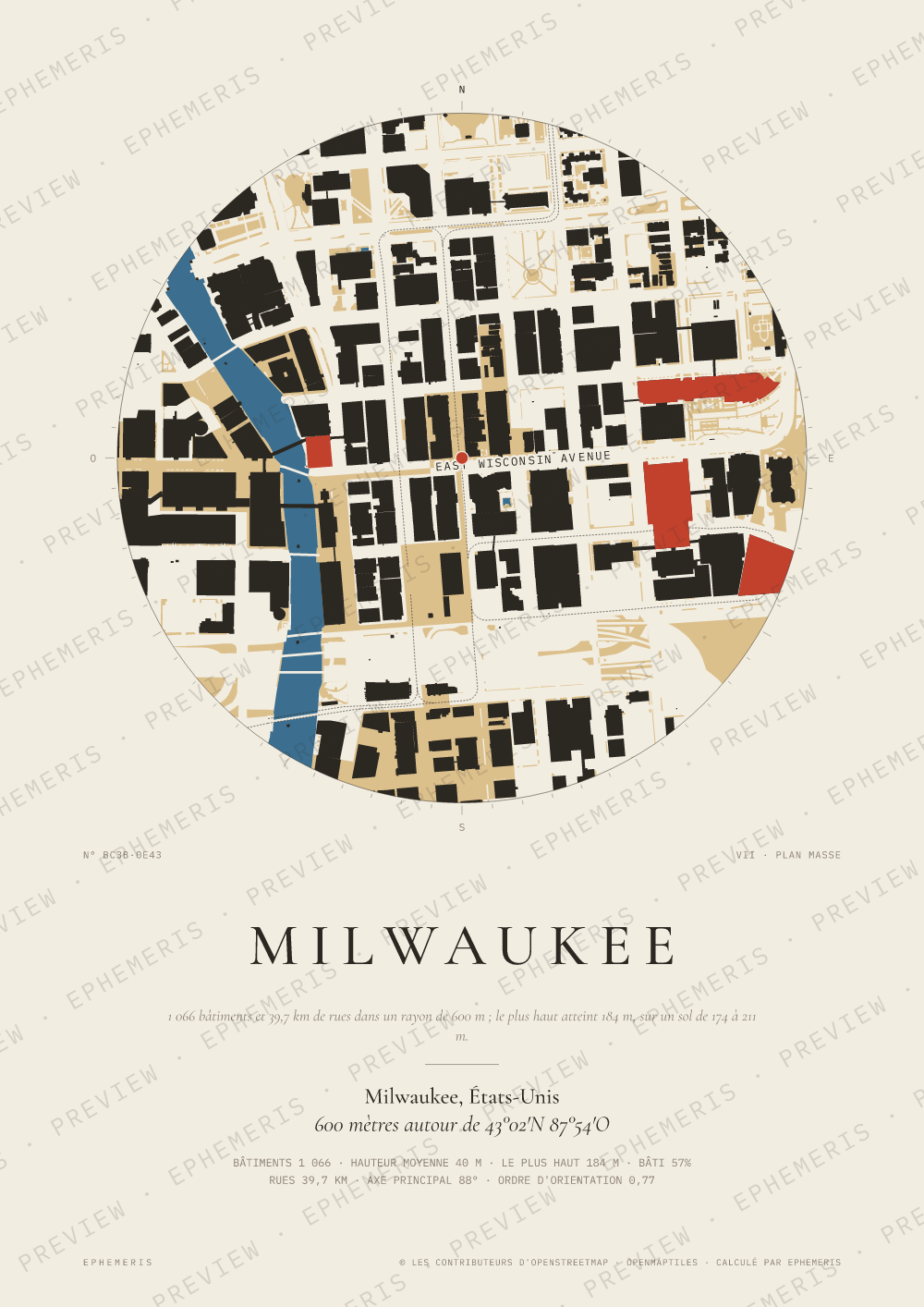 Affiche carte de Milwaukee : la ville dessinée en plan
