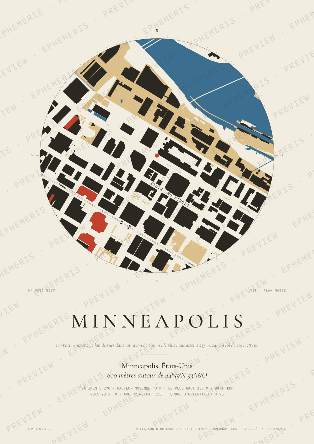 Affiche carte de Minneapolis : la ville dessinée en plan