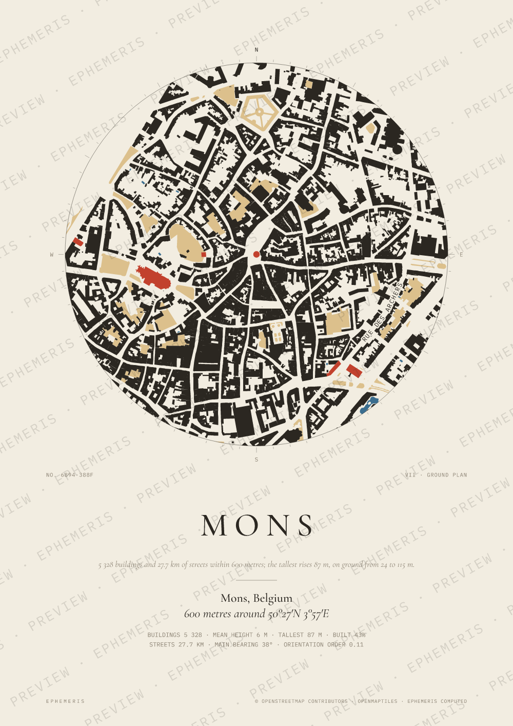 Mons map poster: the city drawn as a plan