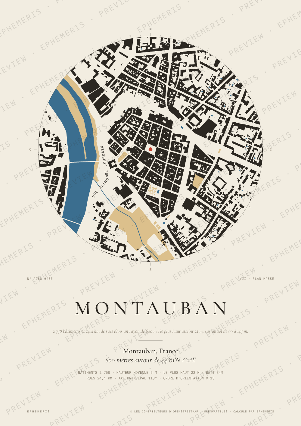 Affiche carte de Montauban : la ville dessinée en plan