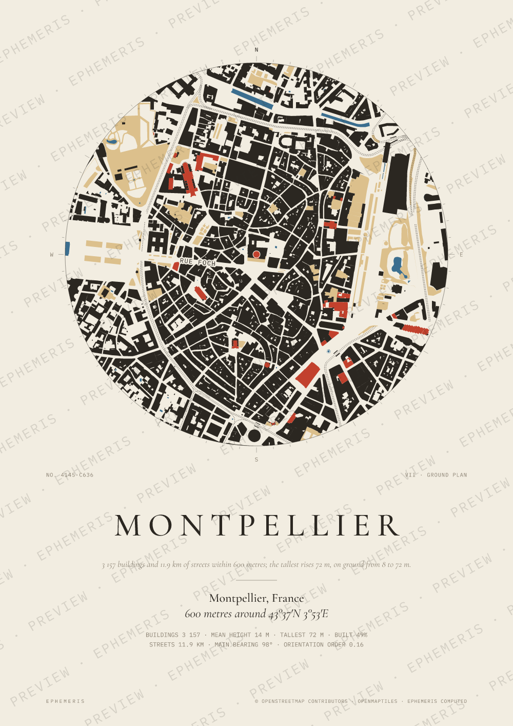 Montpellier map poster: the city drawn as a plan