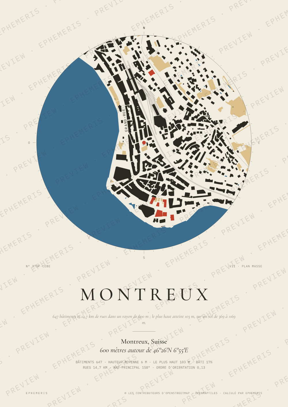 Affiche carte de Montreux : la ville dessinée en plan