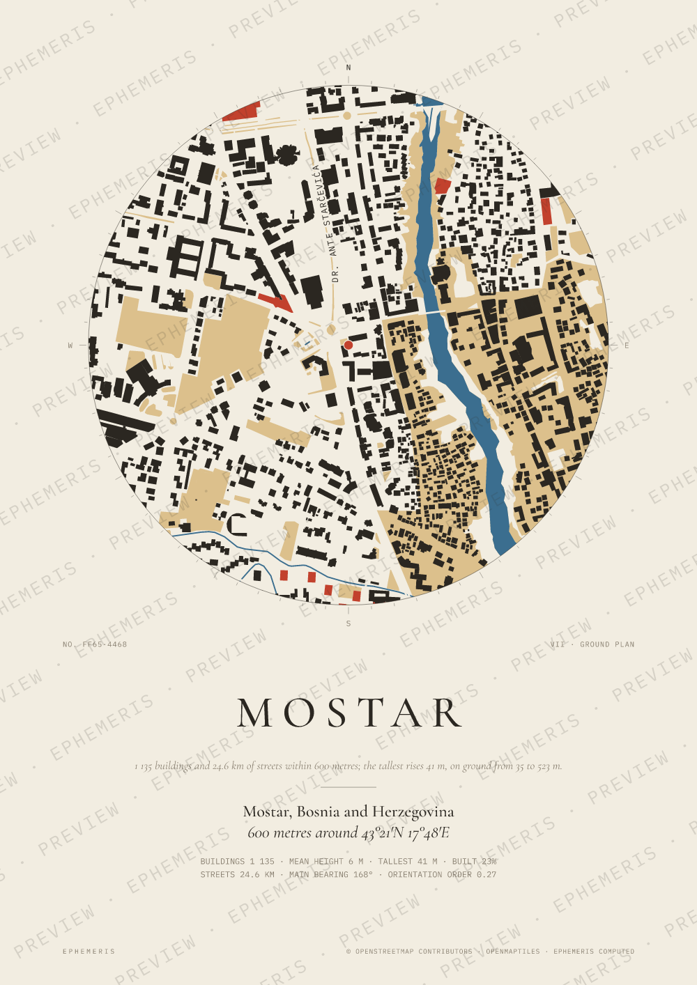Mostar map poster: the city drawn as a plan