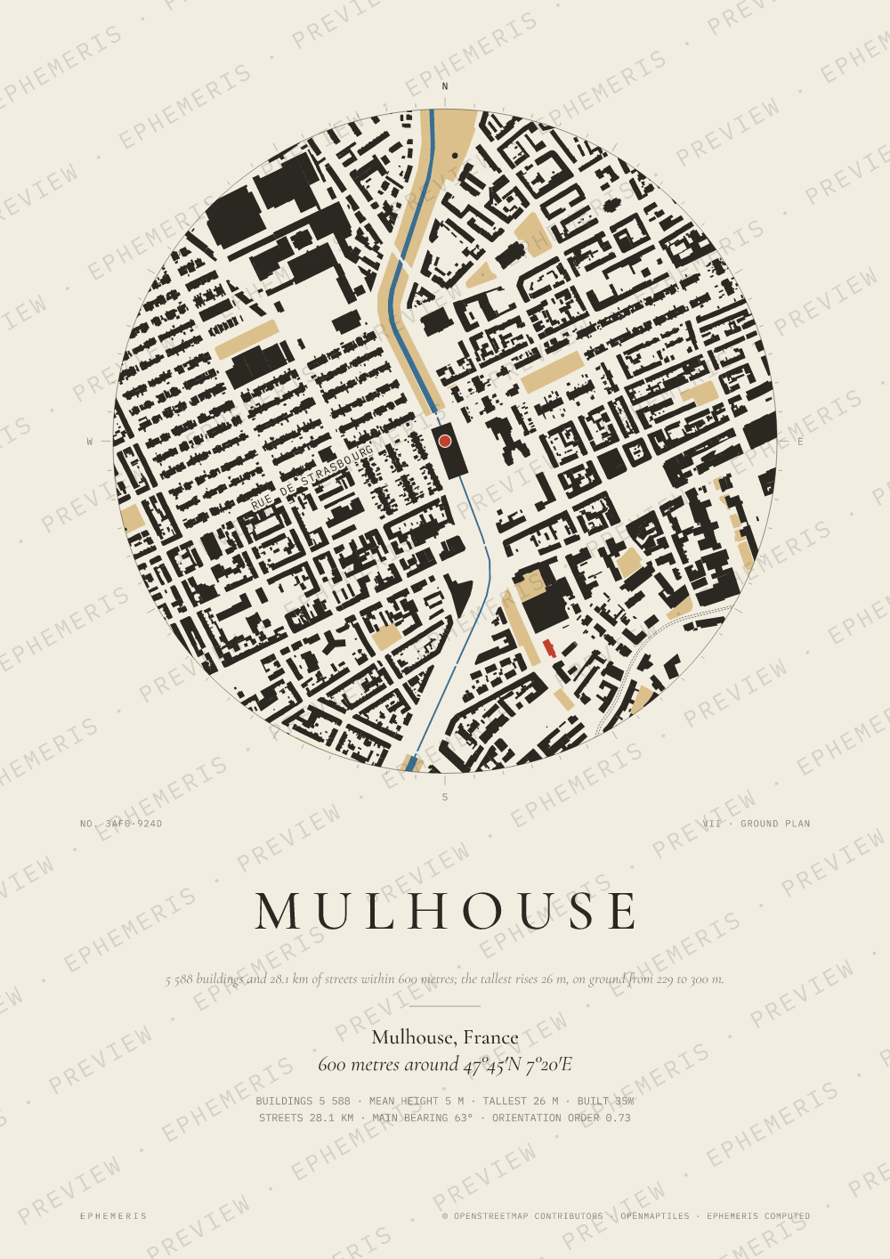 Mulhouse map poster: the city drawn as a plan
