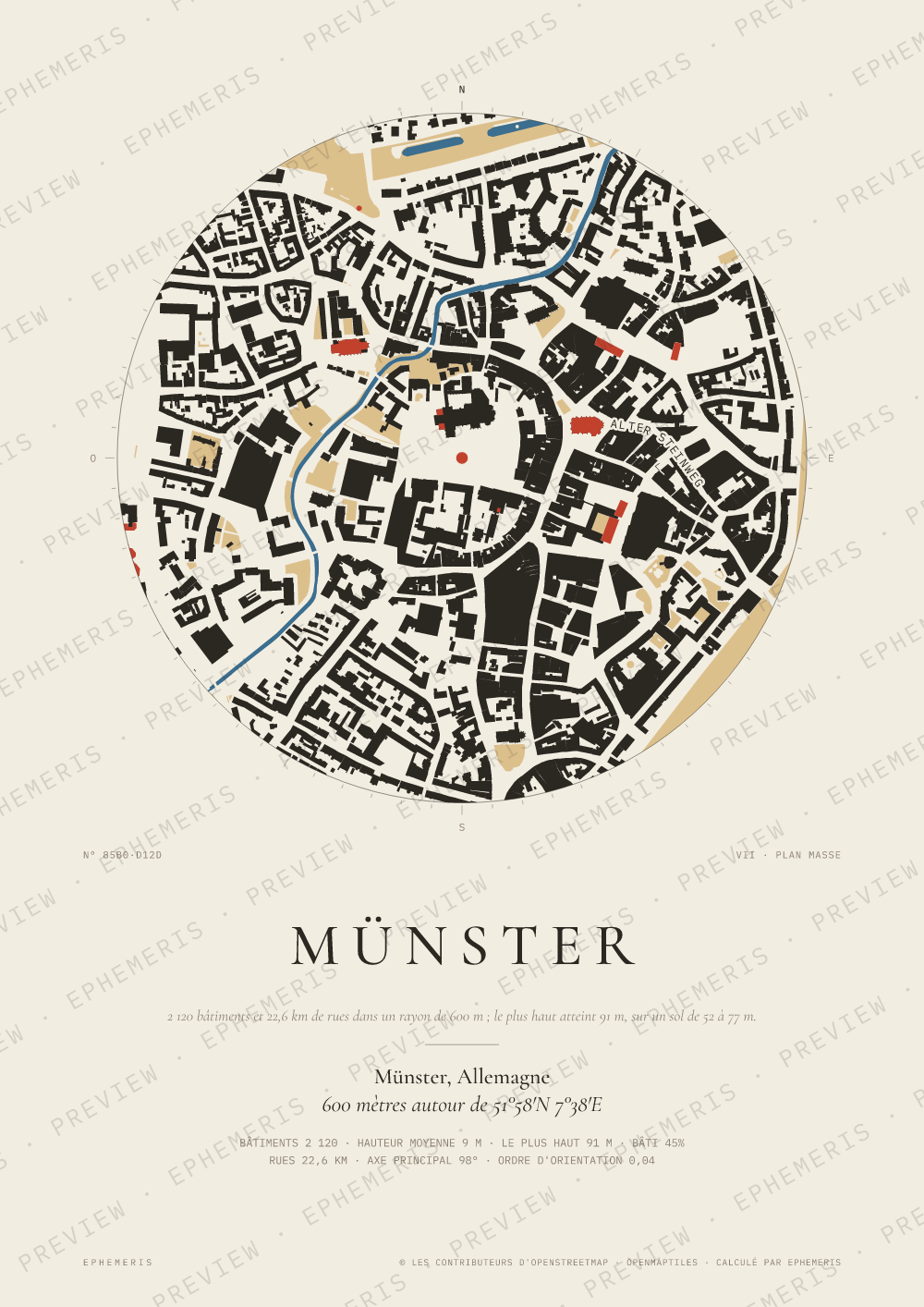 Affiche carte de Münster : la ville dessinée en plan