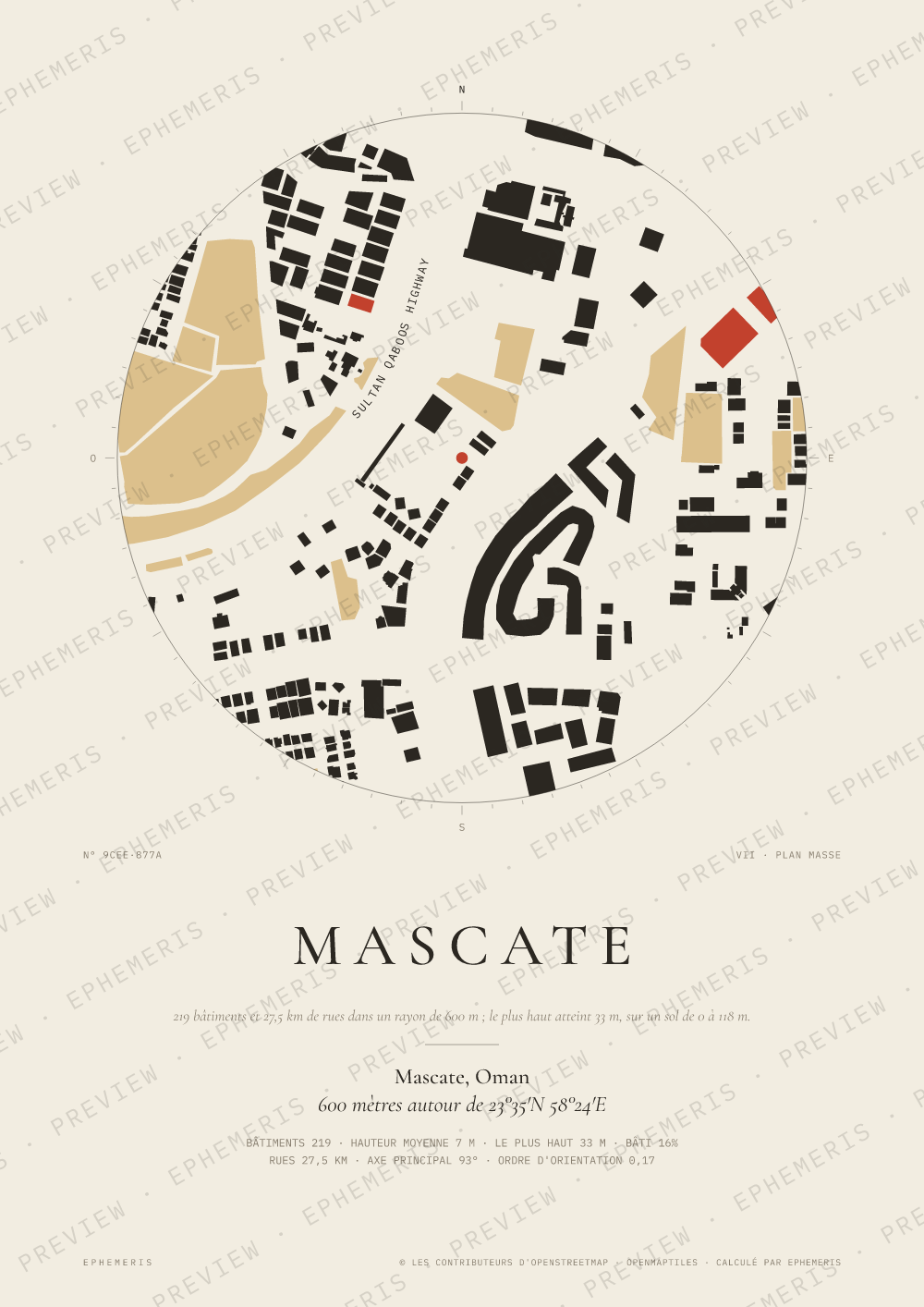 Affiche carte de Mascate : la ville dessinée en plan