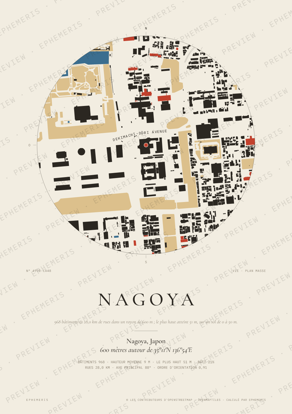 Affiche carte de Nagoya : la ville dessinée en plan