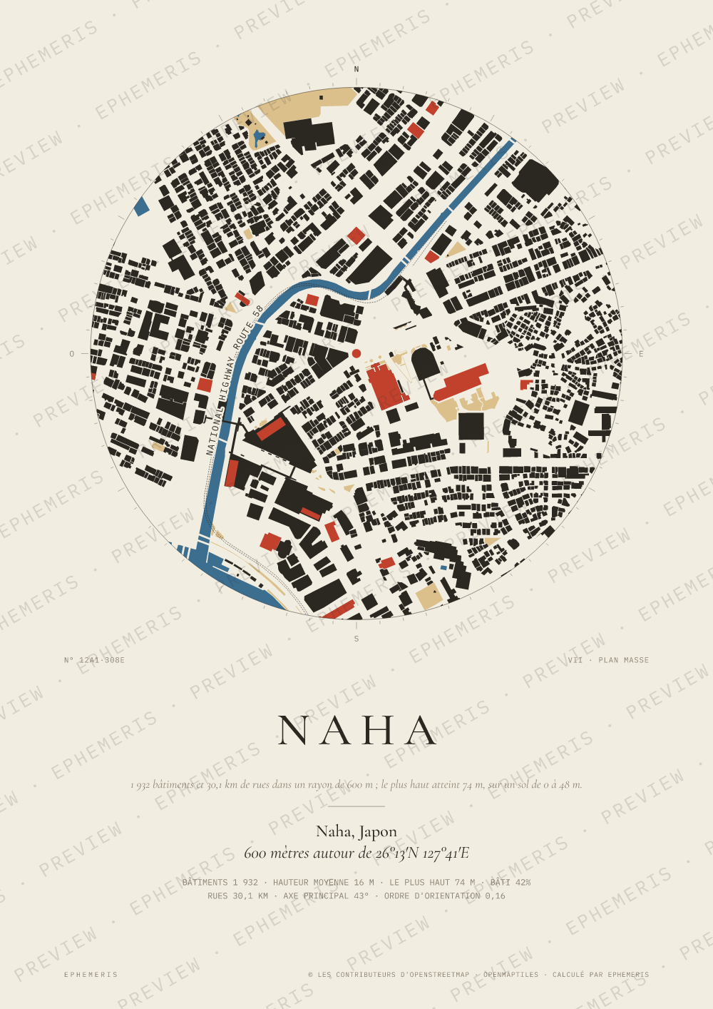 Affiche carte de Naha : la ville dessinée en plan