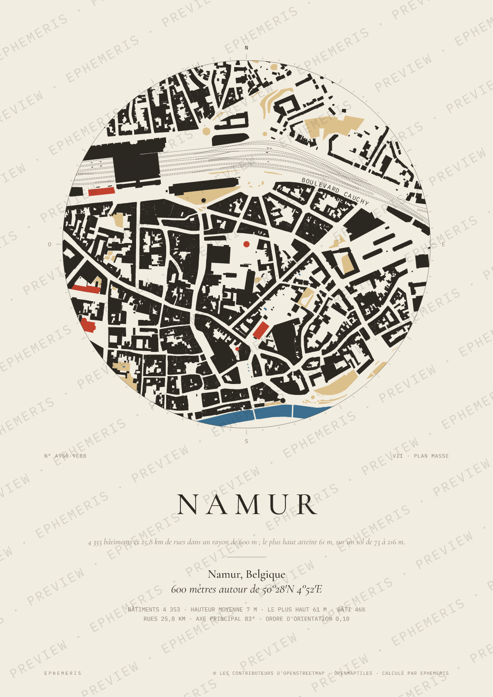 Affiche carte de Namur : la ville dessinée en plan