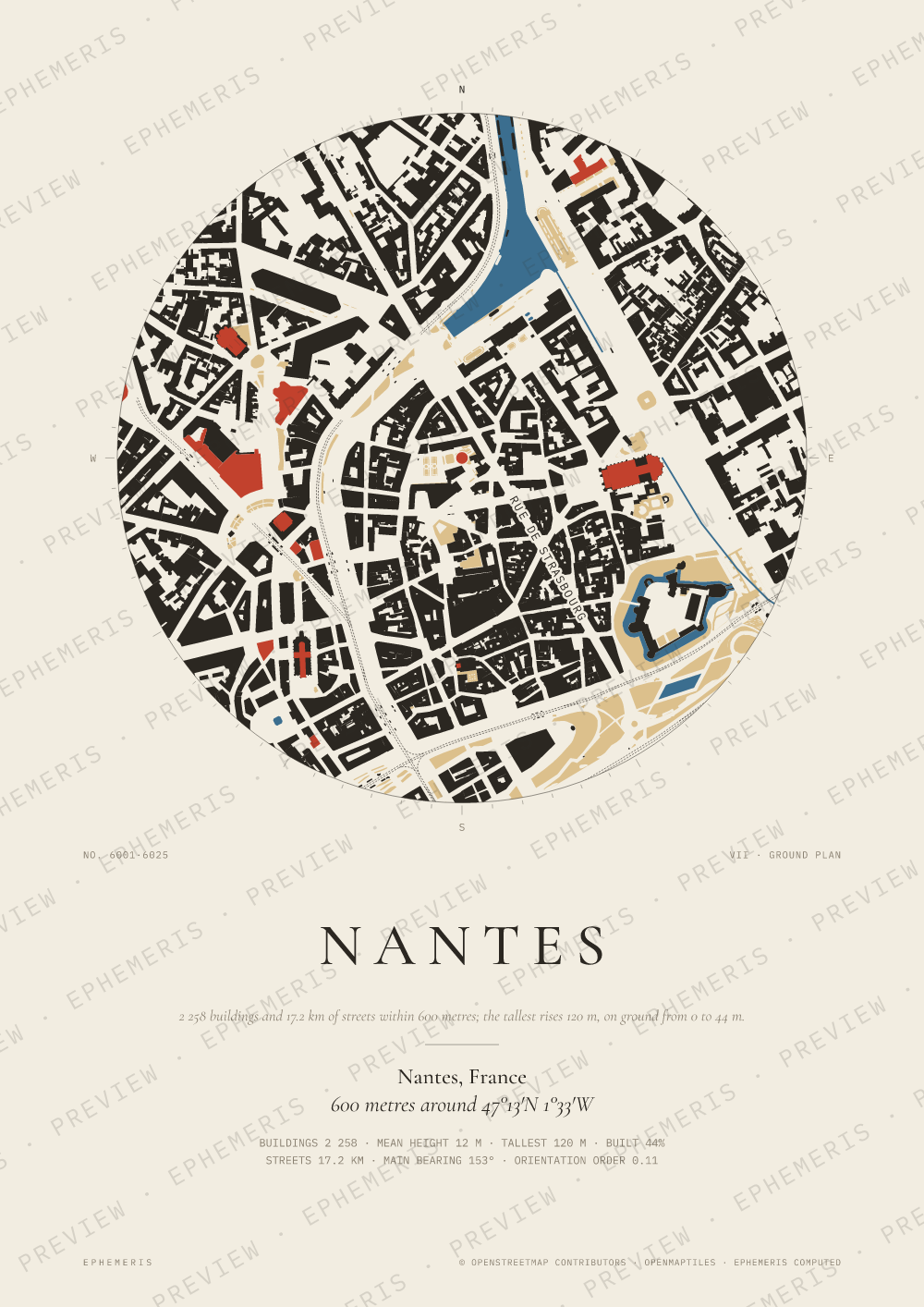Nantes map poster: the city drawn as a plan