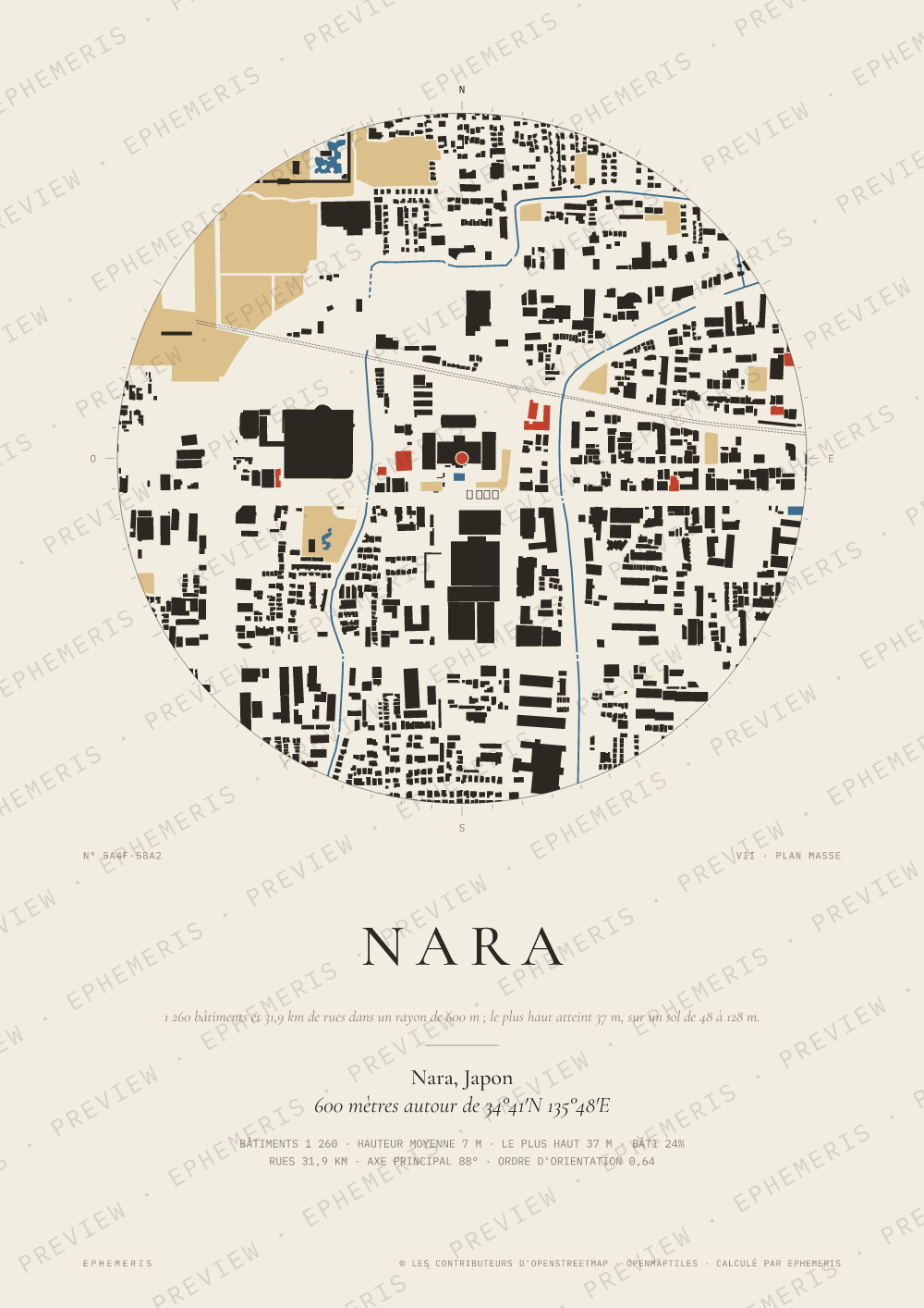 Affiche carte de Nara : la ville dessinée en plan