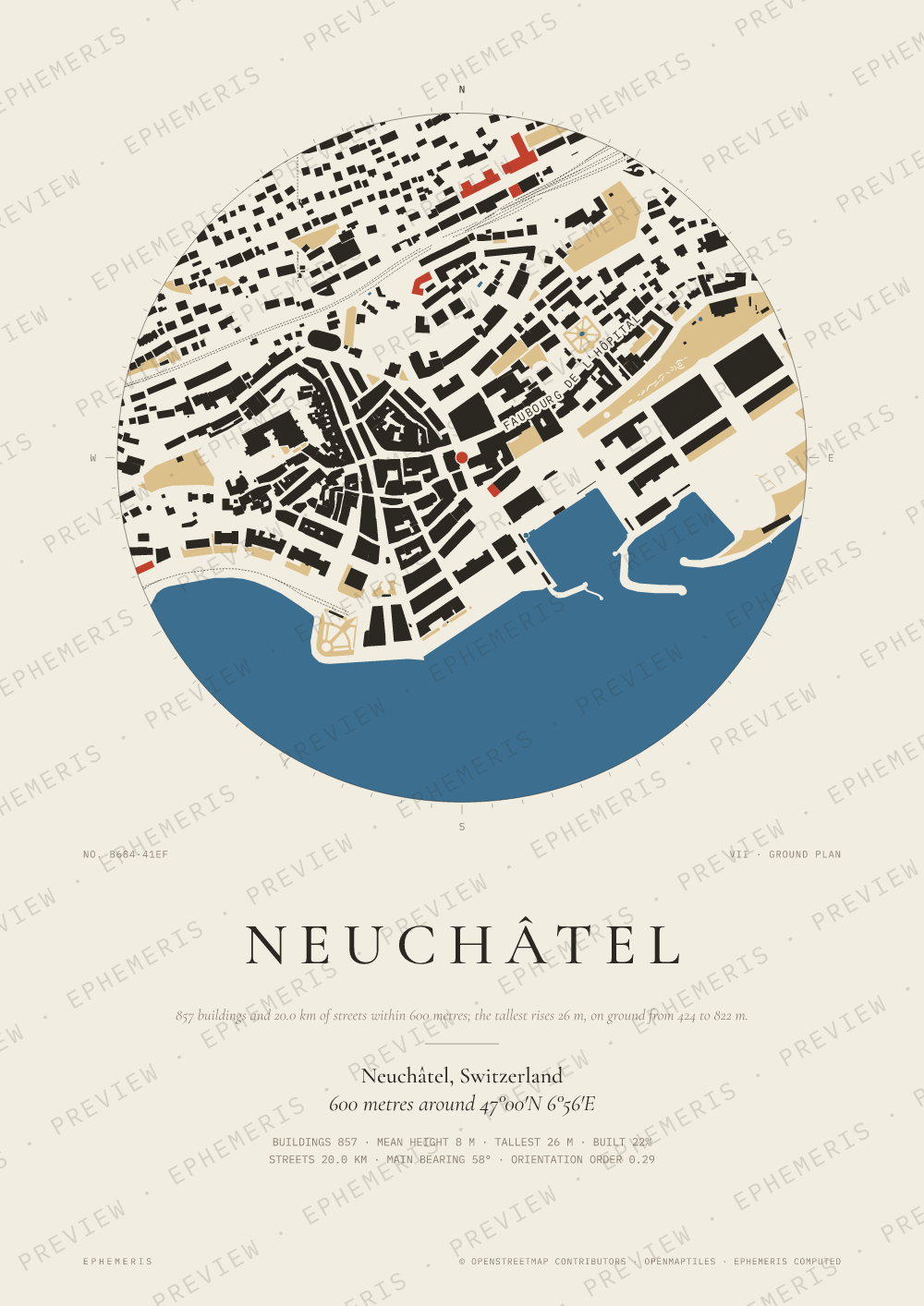 Neuchâtel map poster: the city drawn as a plan