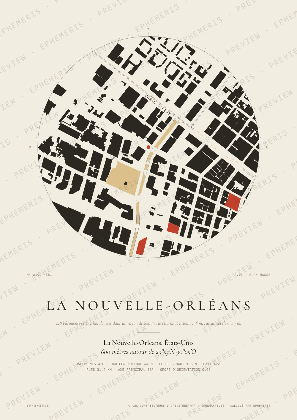 Affiche carte de La Nouvelle-Orléans : la ville dessinée en plan