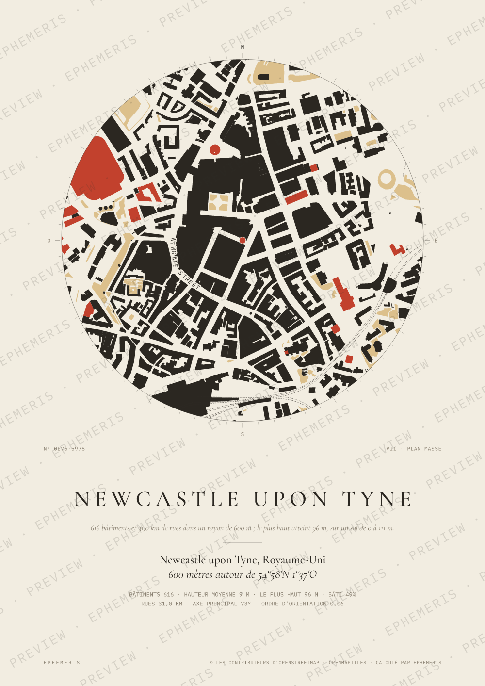 Affiche carte de Newcastle upon Tyne : la ville dessinée en plan