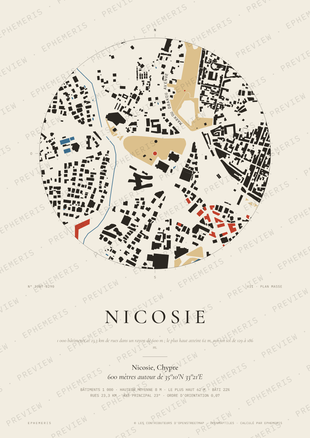 Affiche carte de Nicosie : la ville dessinée en plan