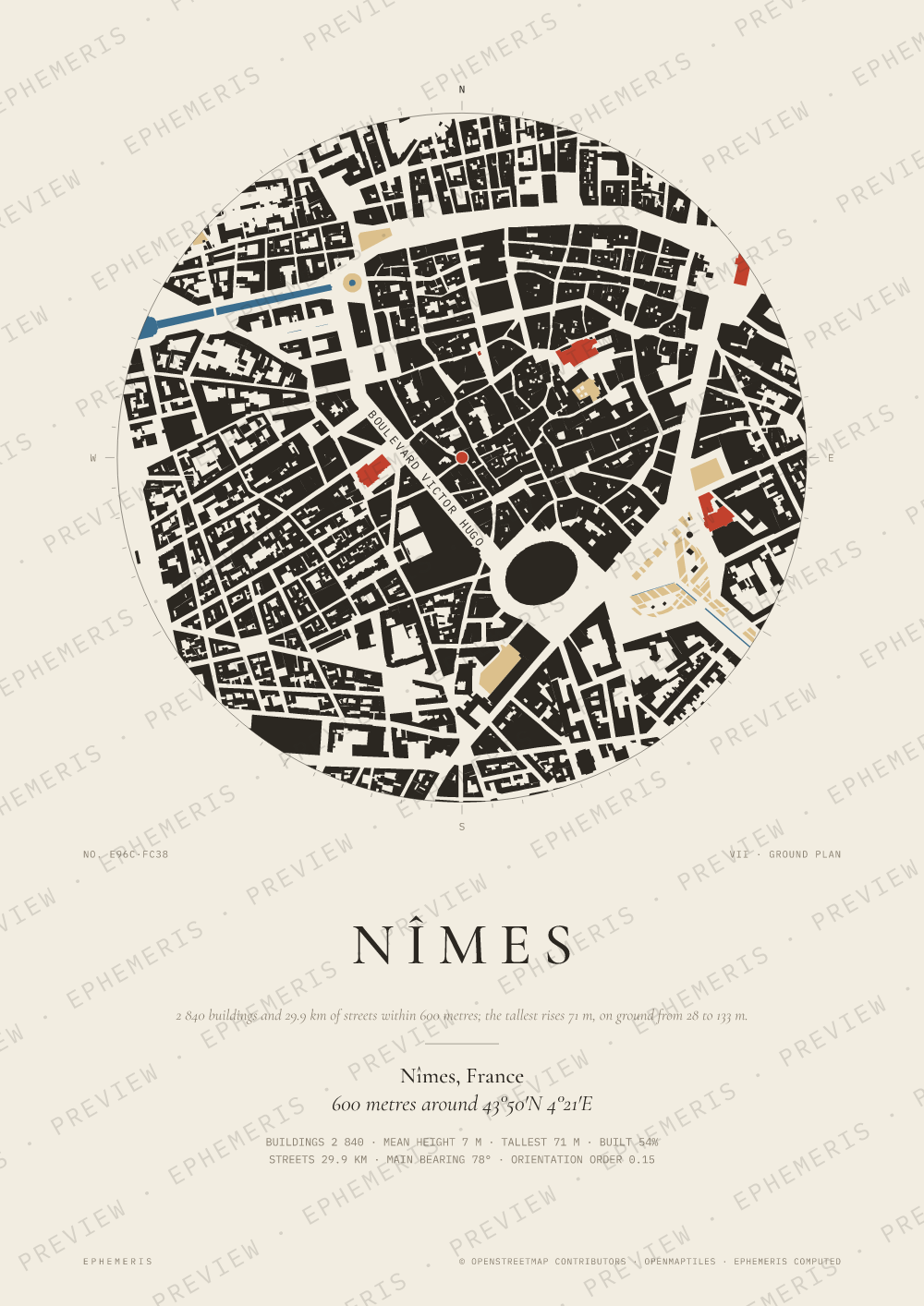 Nîmes map poster: the city drawn as a plan