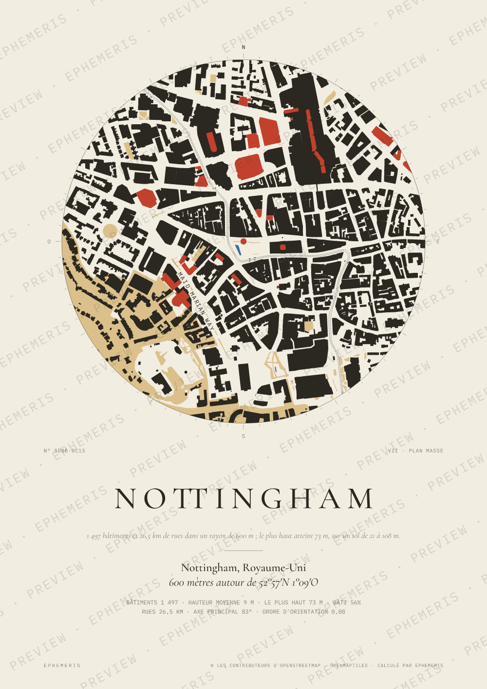 Affiche carte de Nottingham : la ville dessinée en plan