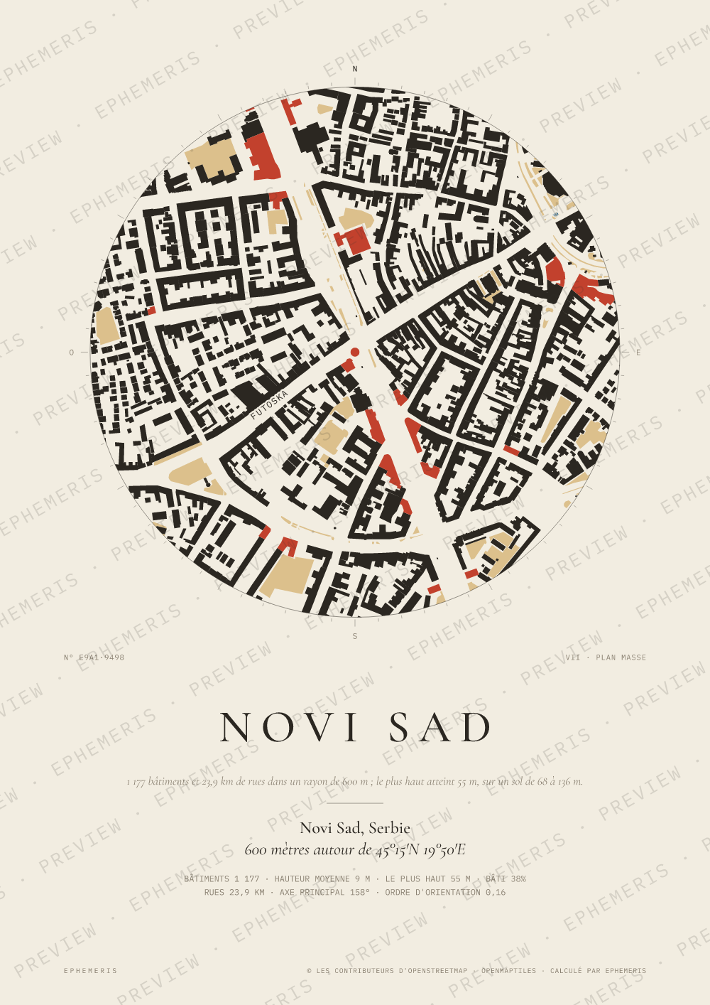 Affiche carte de Novi Sad : la ville dessinée en plan