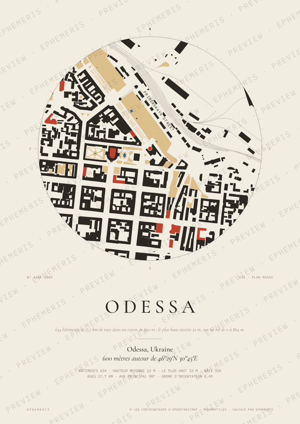 Affiche carte de Odessa : la ville dessinée en plan