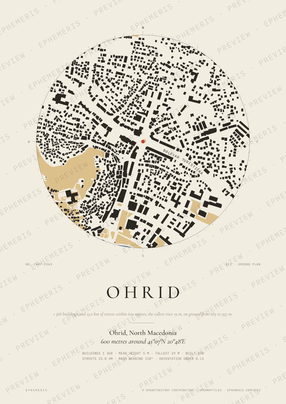 Ohrid map poster: the city drawn as a plan