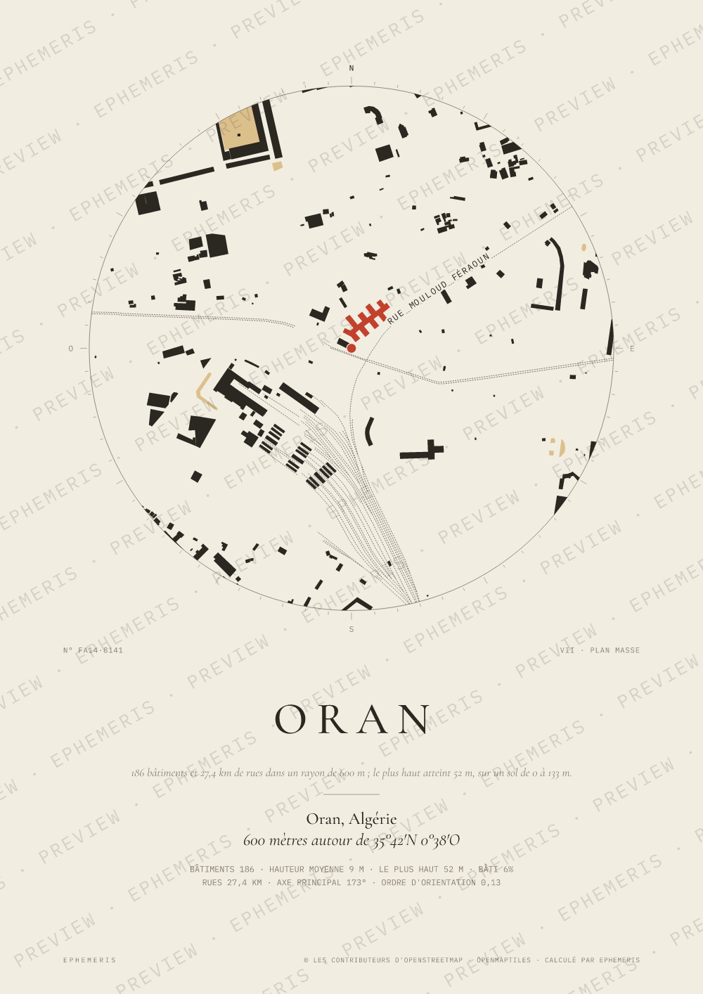Affiche carte de Oran : la ville dessinée en plan