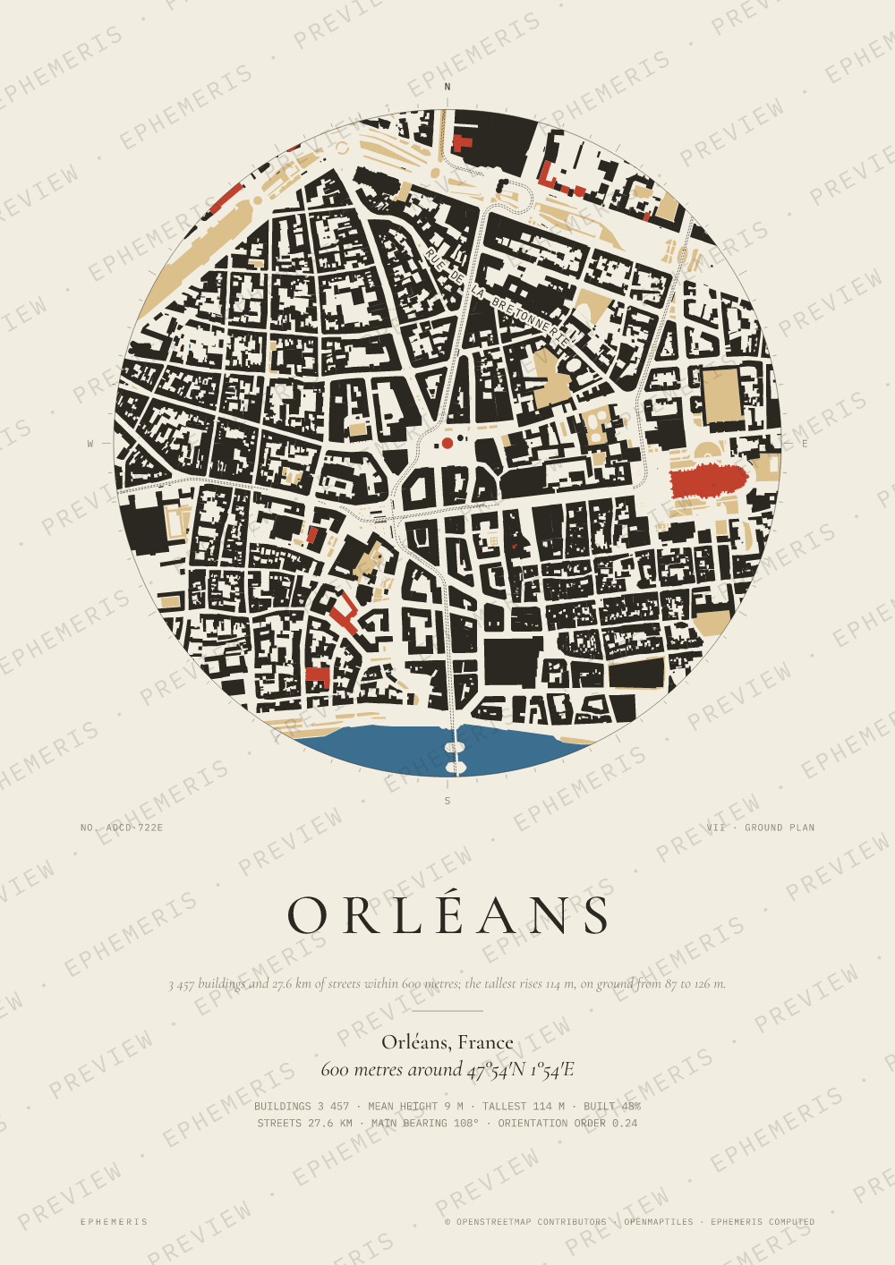 Orléans map poster: the city drawn as a plan