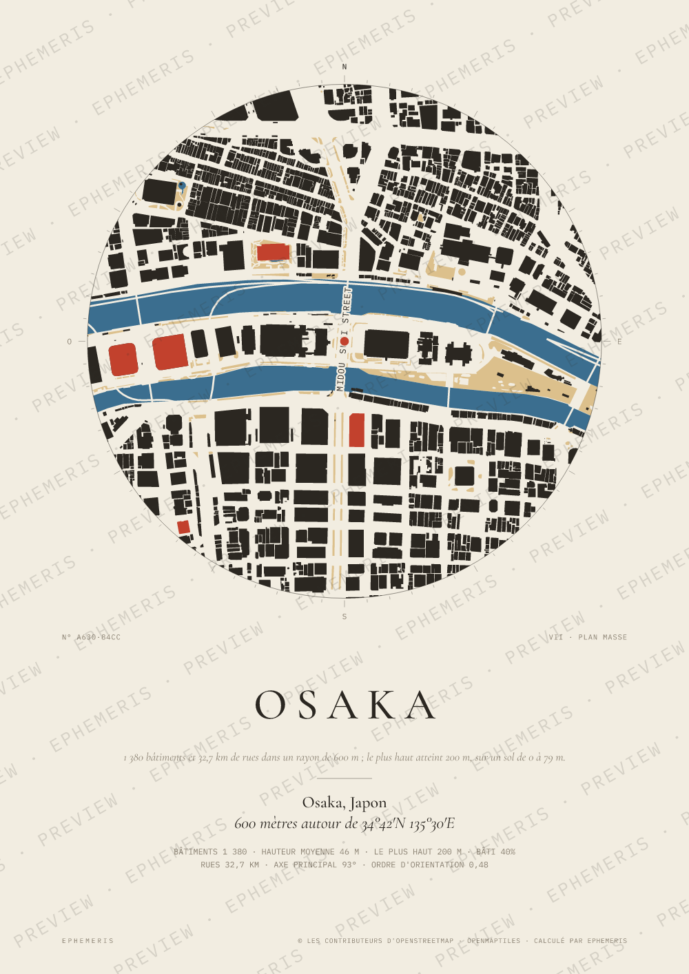 Affiche carte de Osaka : la ville dessinée en plan