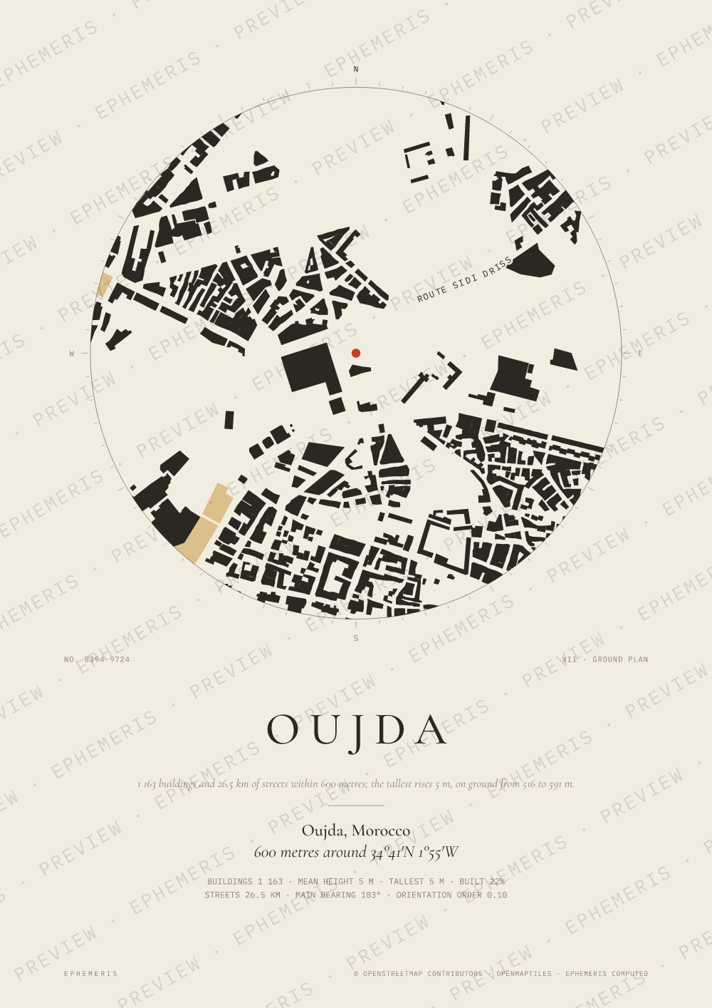 Oujda map poster: the city drawn as a plan