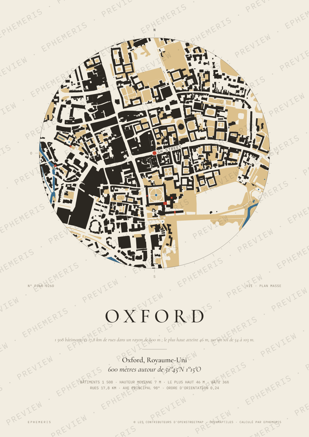 Affiche carte de Oxford : la ville dessinée en plan