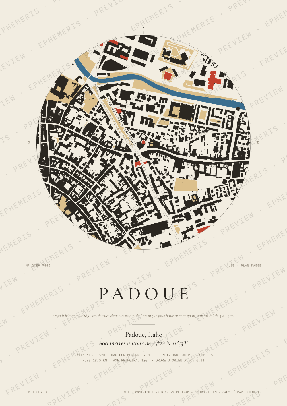 Affiche carte de Padoue : la ville dessinée en plan