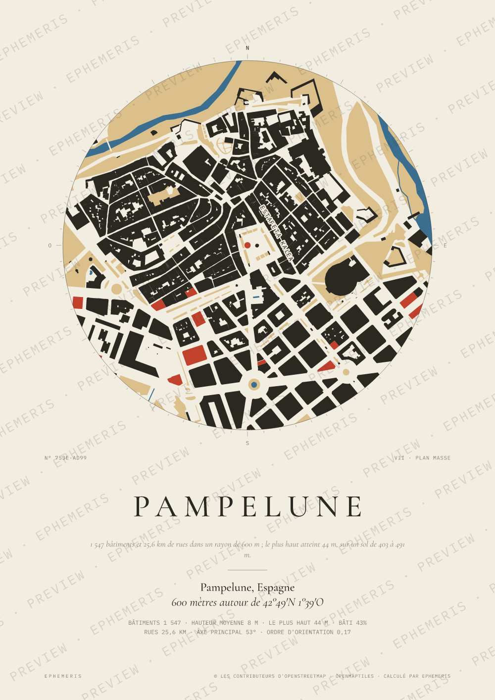 Affiche carte de Pampelune : la ville dessinée en plan