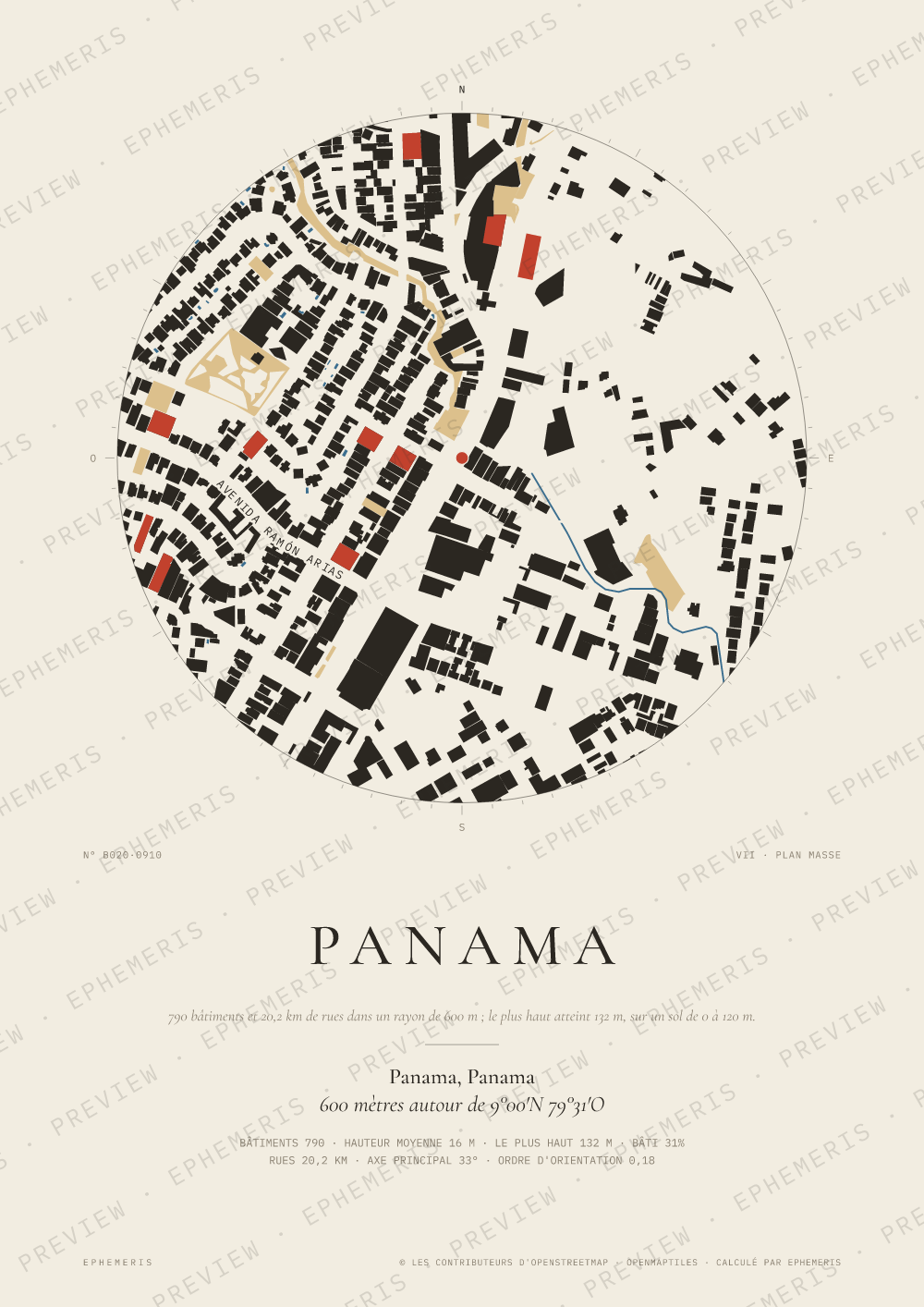 Affiche carte de Panama : la ville dessinée en plan