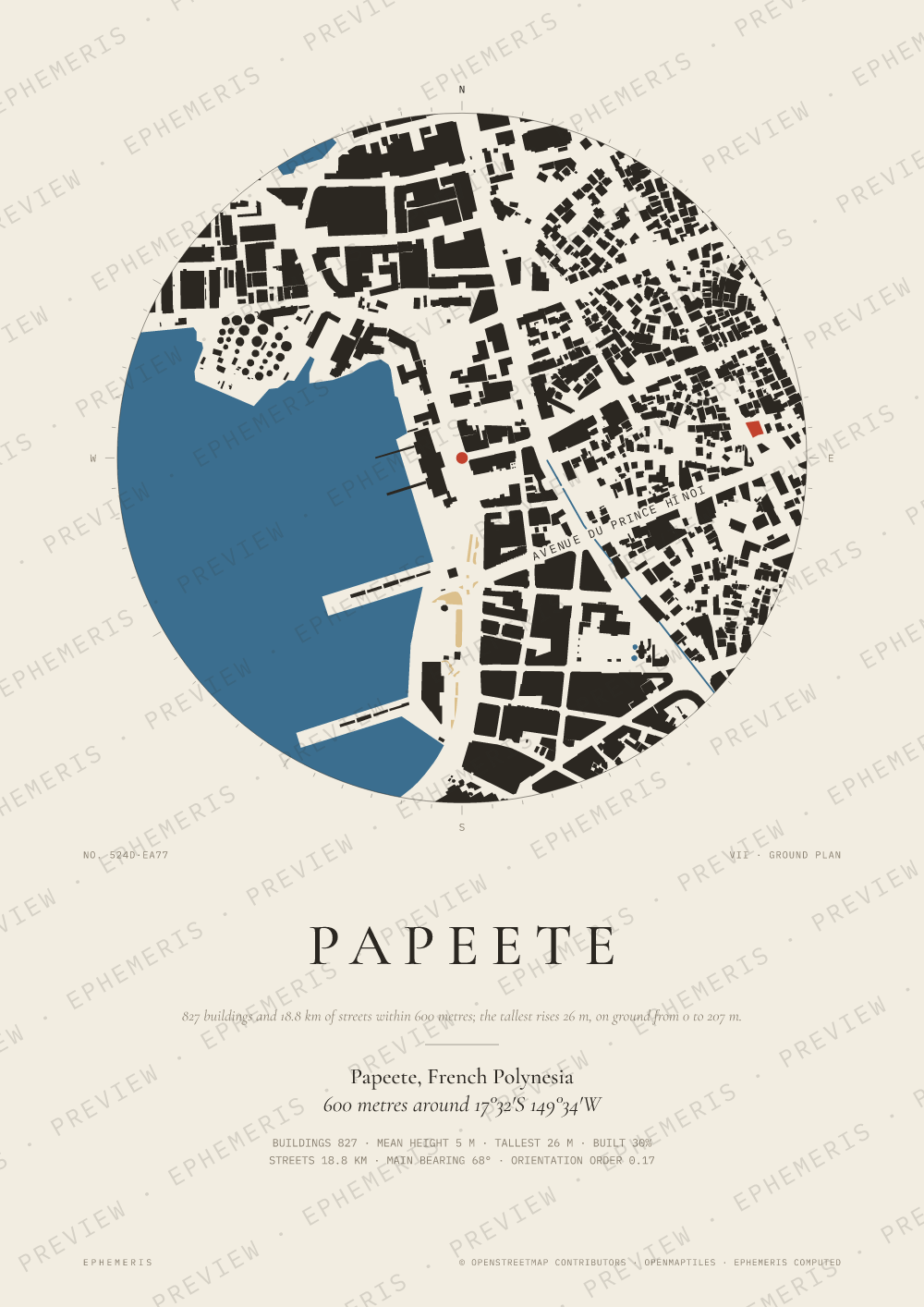 Papeete map poster: the city drawn as a plan
