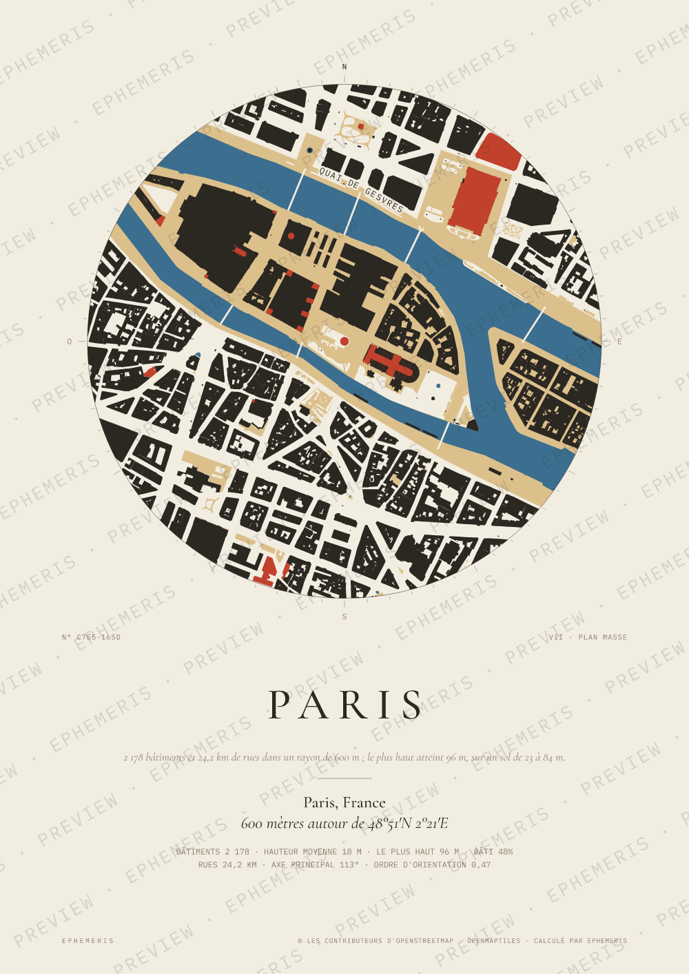 Affiche carte de Paris : la ville dessinée en plan