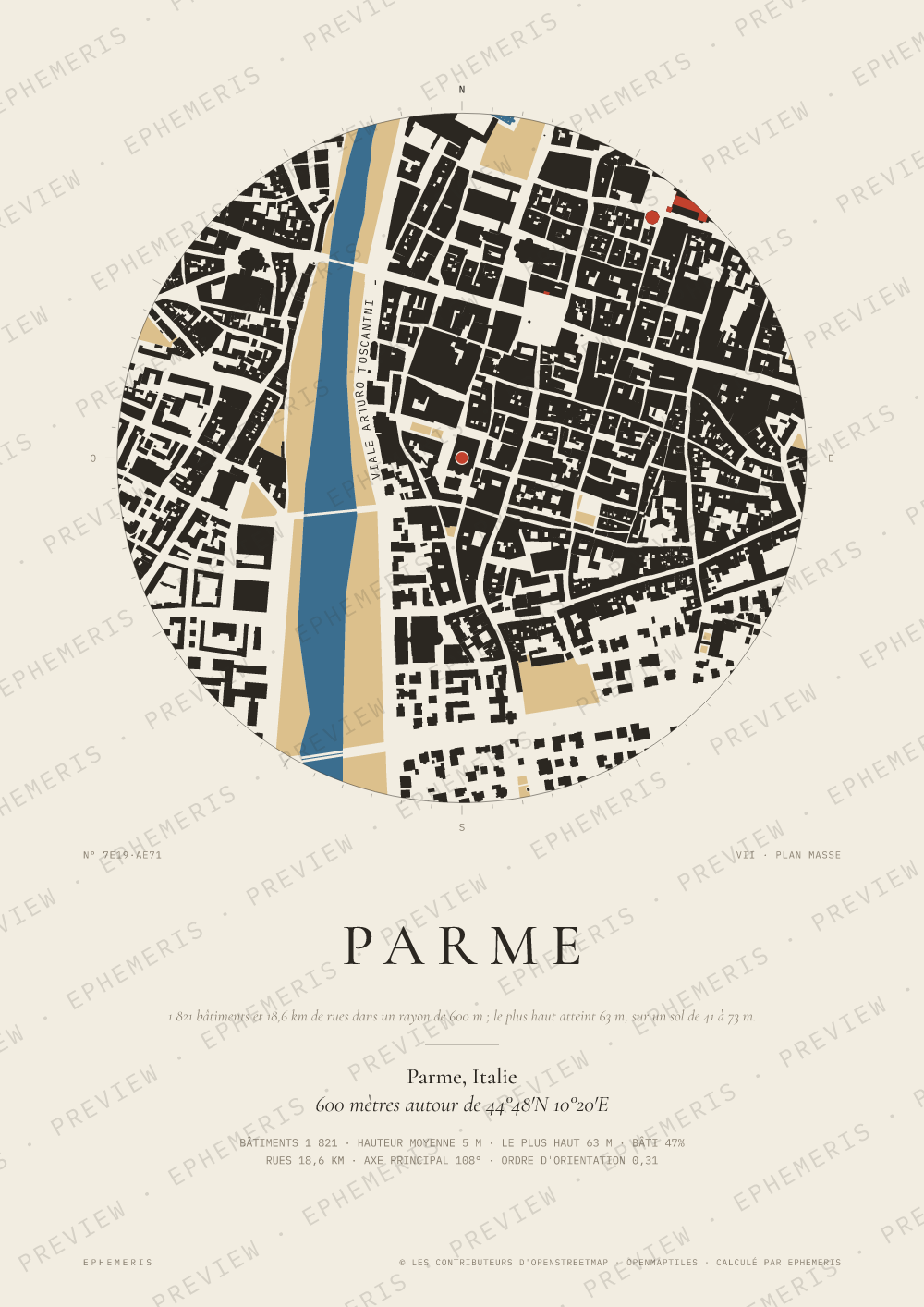 Affiche carte de Parme : la ville dessinée en plan