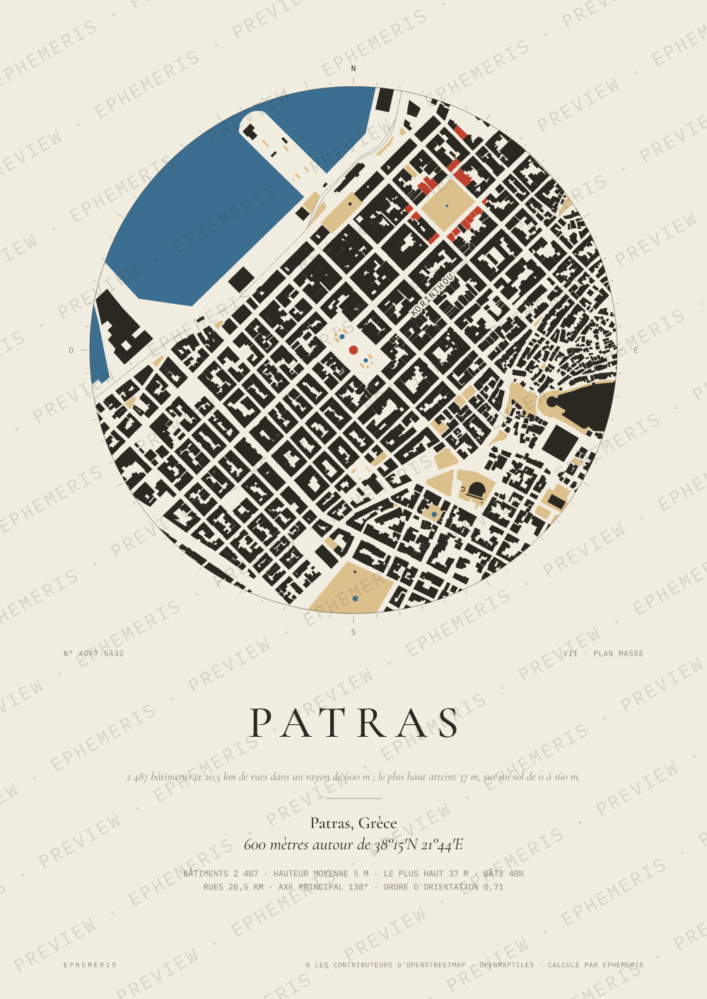 Affiche carte de Patras : la ville dessinée en plan