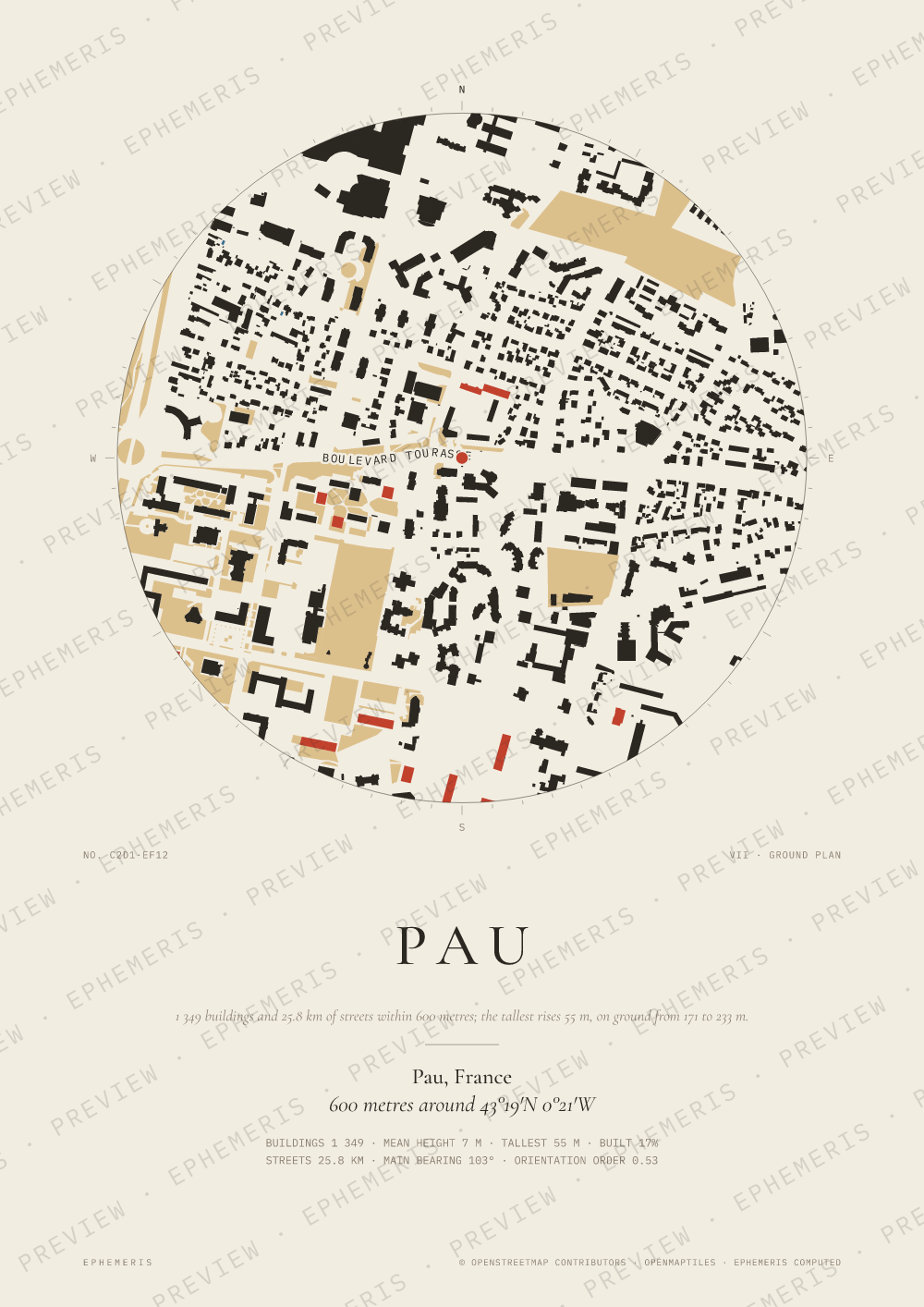 Pau map poster: the city drawn as a plan