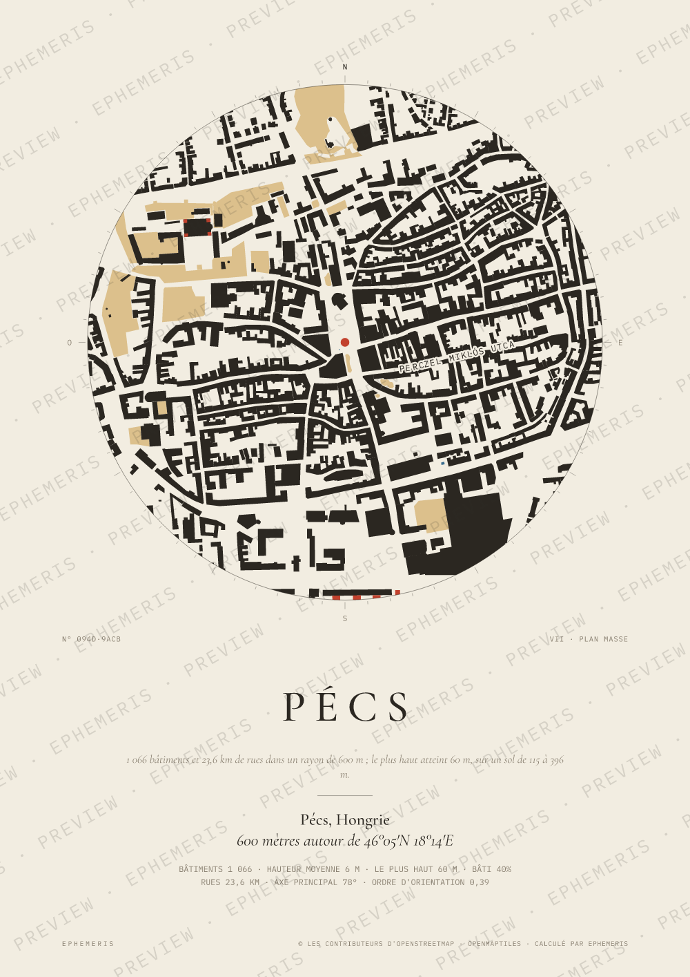 Affiche carte de Pécs : la ville dessinée en plan