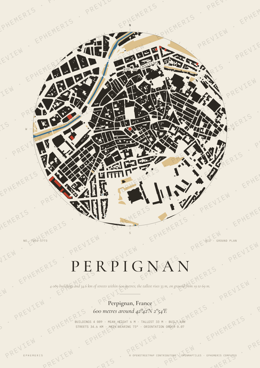 Perpignan map poster: the city drawn as a plan