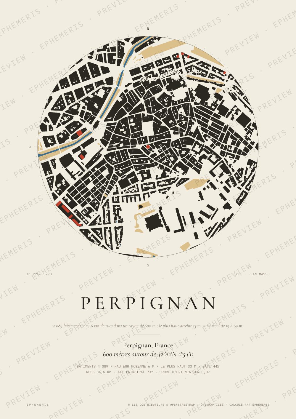 Affiche carte de Perpignan : la ville dessinée en plan