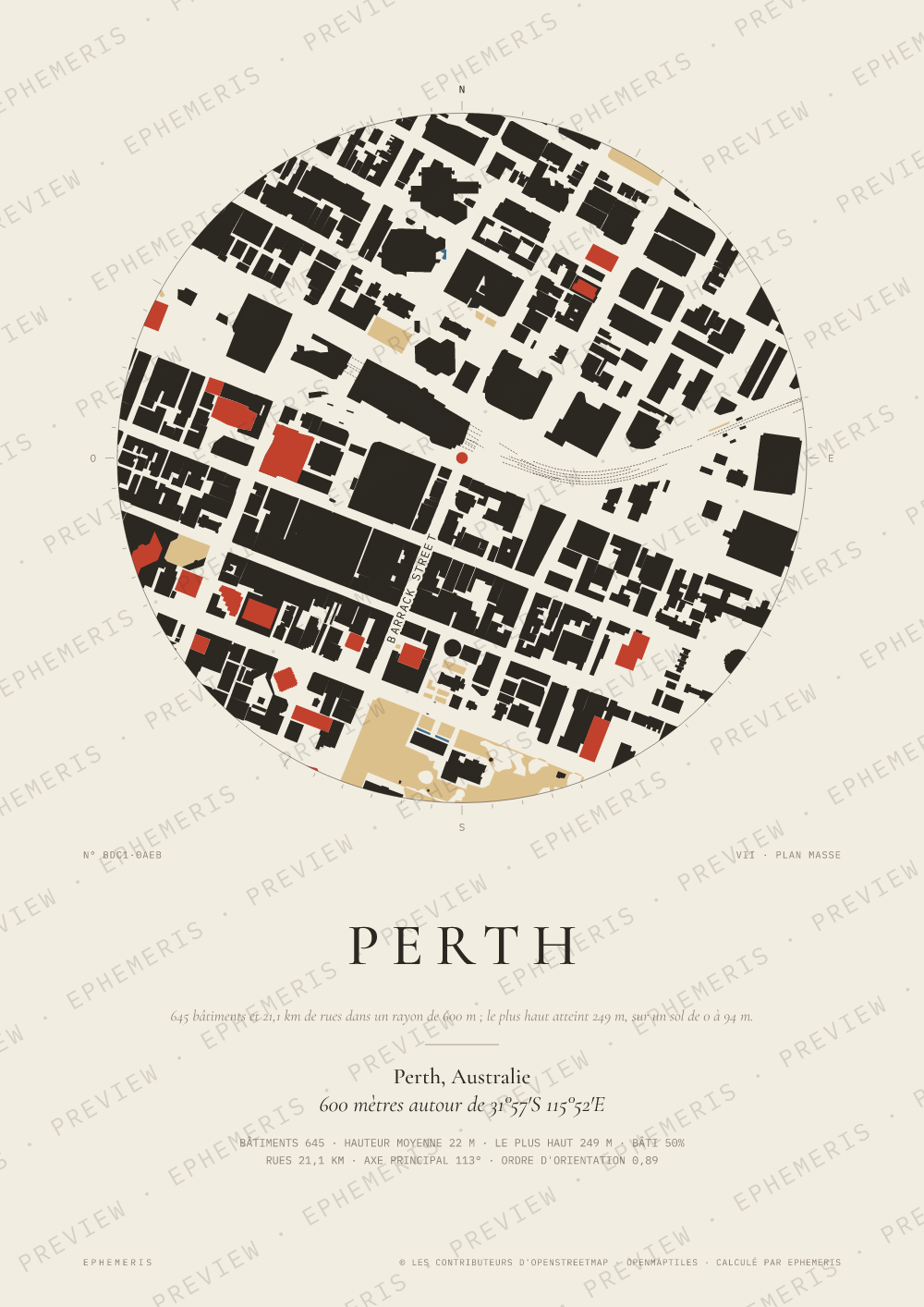 Affiche carte de Perth : la ville dessinée en plan