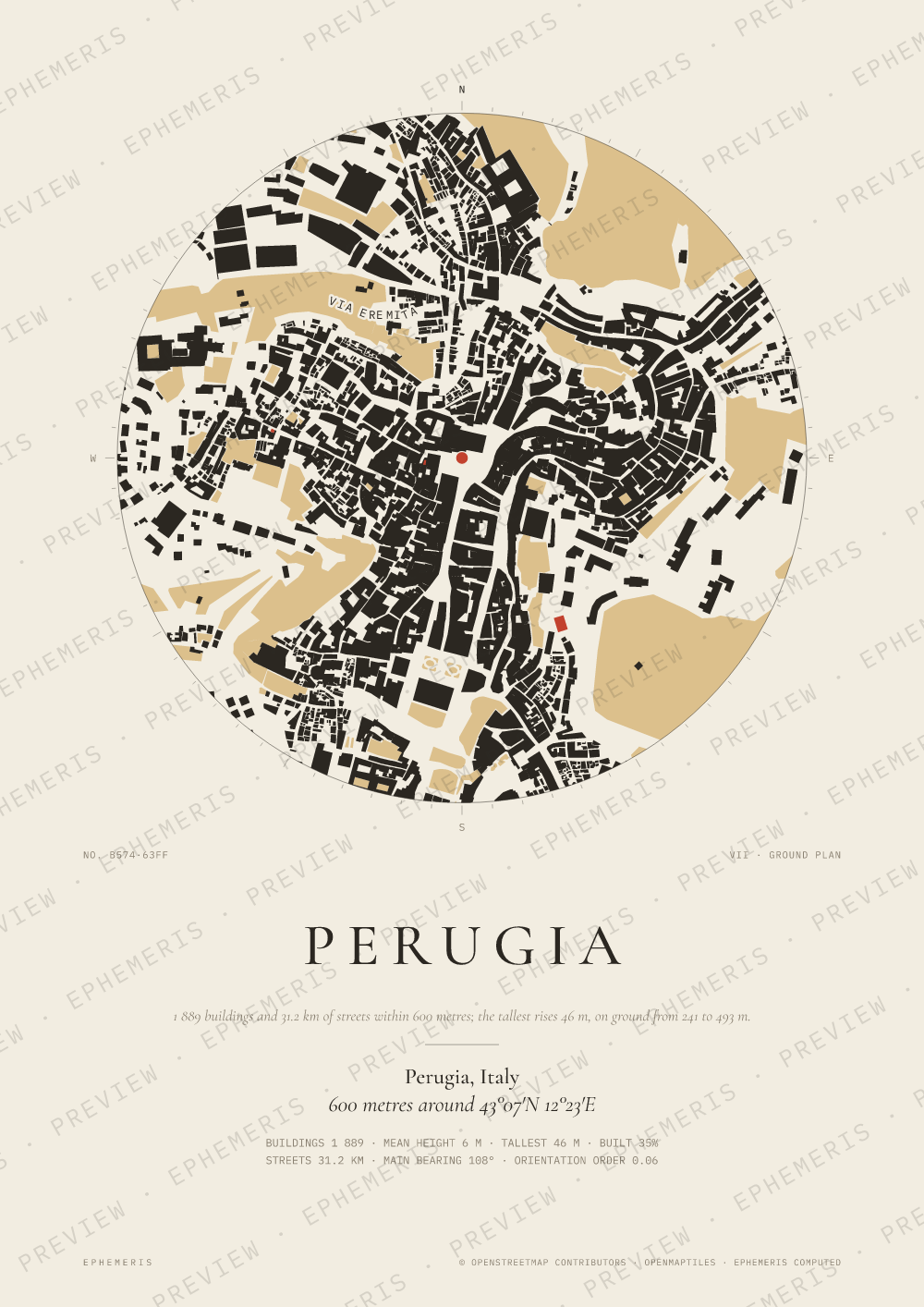 Perugia map poster: the city drawn as a plan