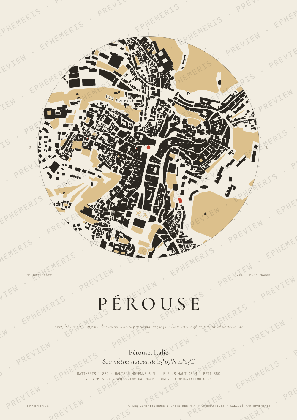 Affiche carte de Pérouse : la ville dessinée en plan