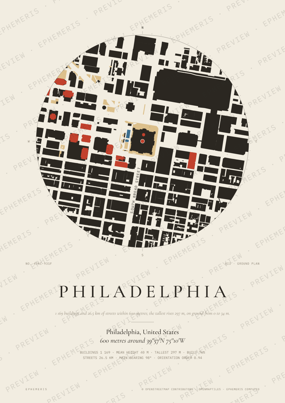 Philadelphia map poster: the city drawn as a plan