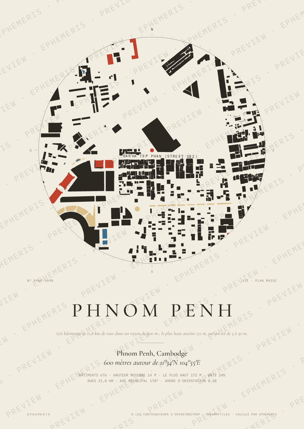 Affiche carte de Phnom Penh : la ville dessinée en plan