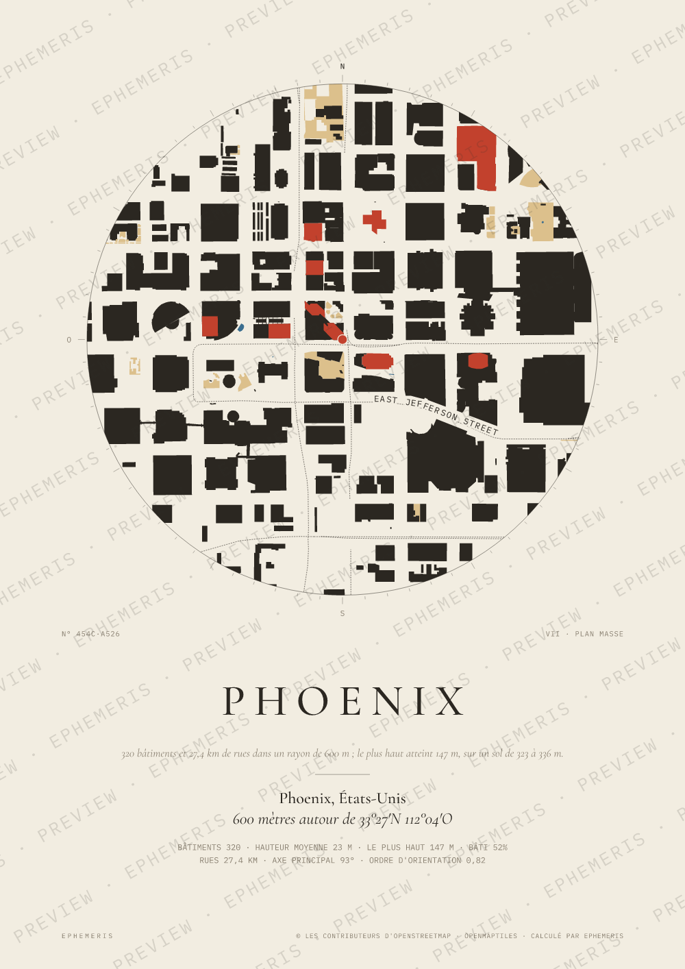 Affiche carte de Phoenix : la ville dessinée en plan