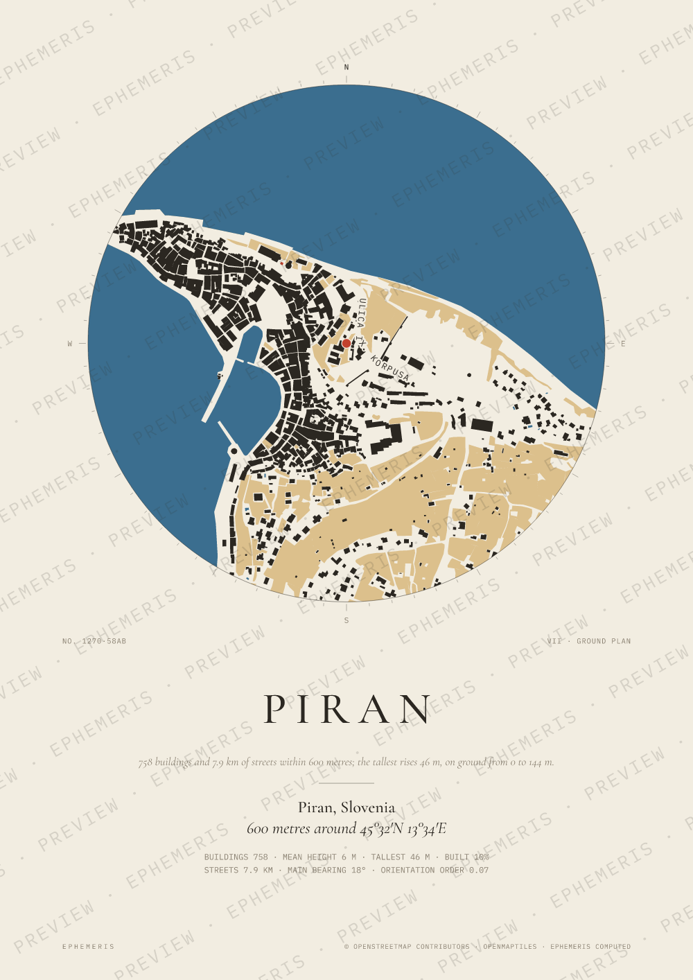 Piran map poster: the city drawn as a plan