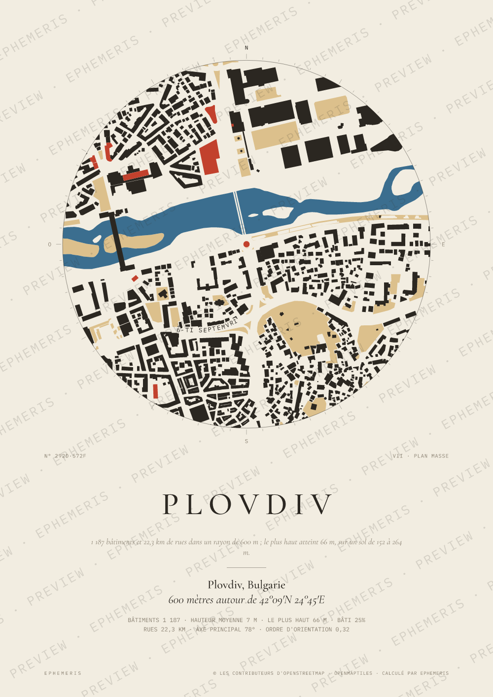Affiche carte de Plovdiv : la ville dessinée en plan